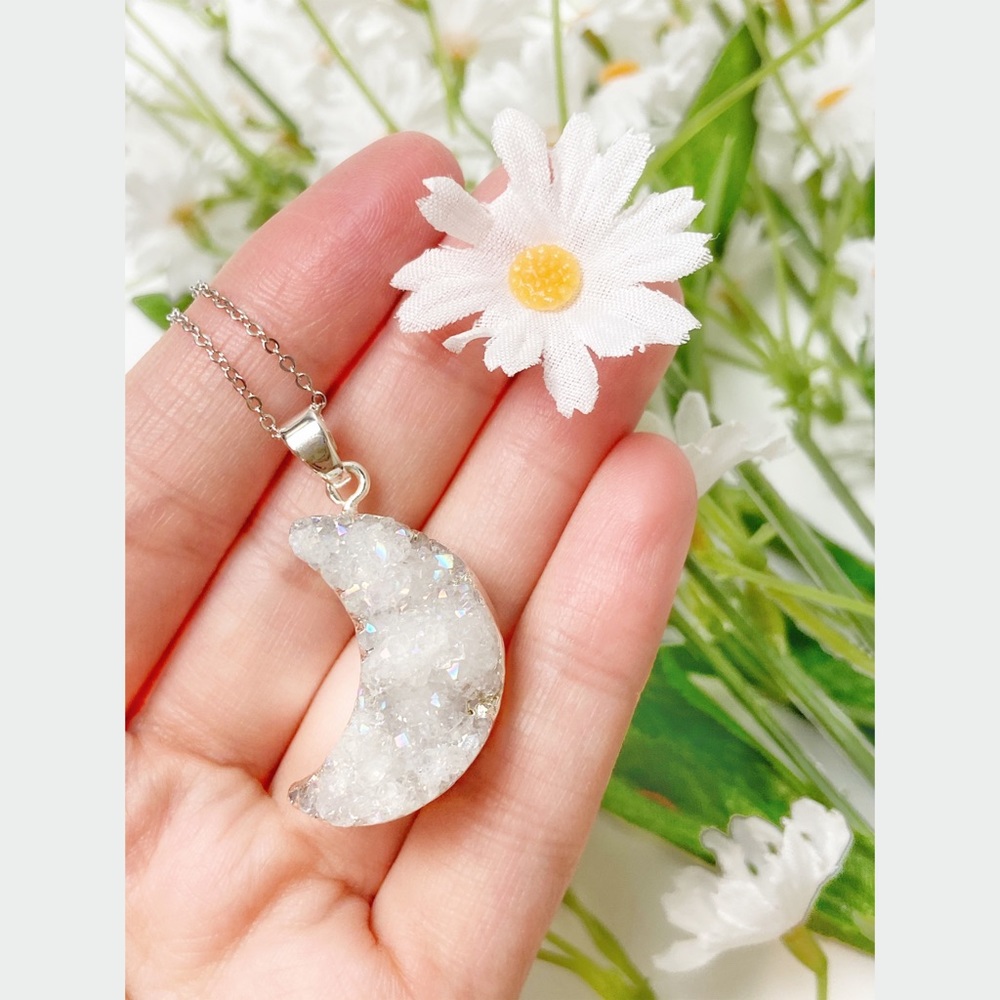 Silver plated moon druzy necklace